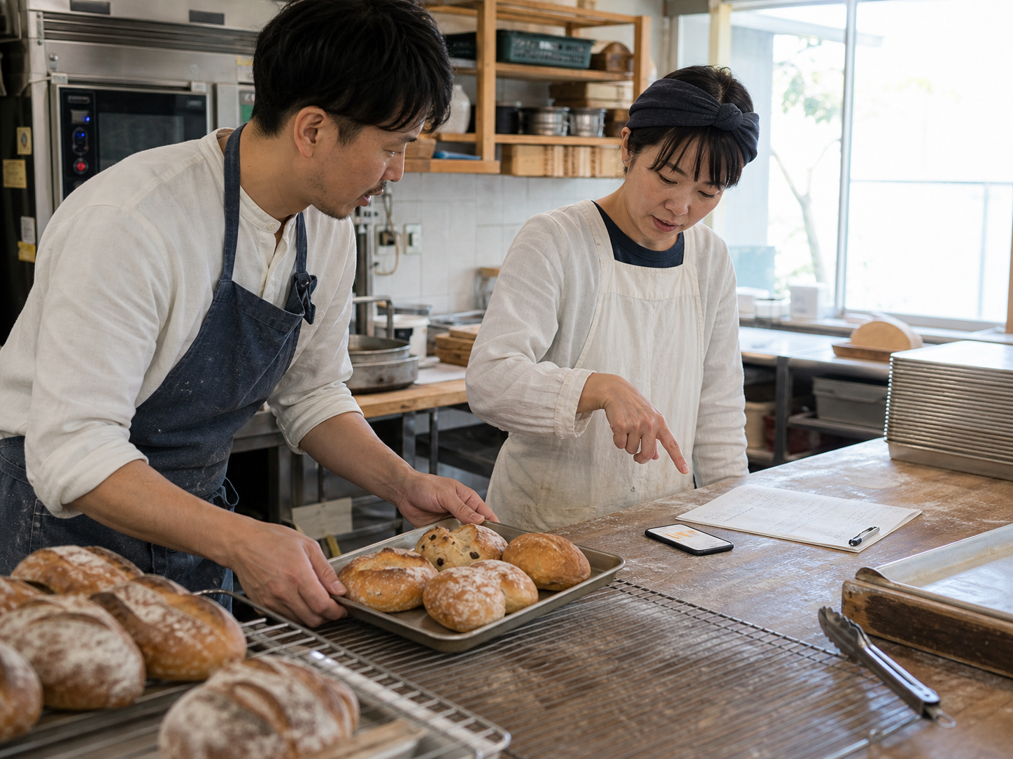 パン屋の作業台で焼き上がりと翌日の仕込みを計画するスタッフ
