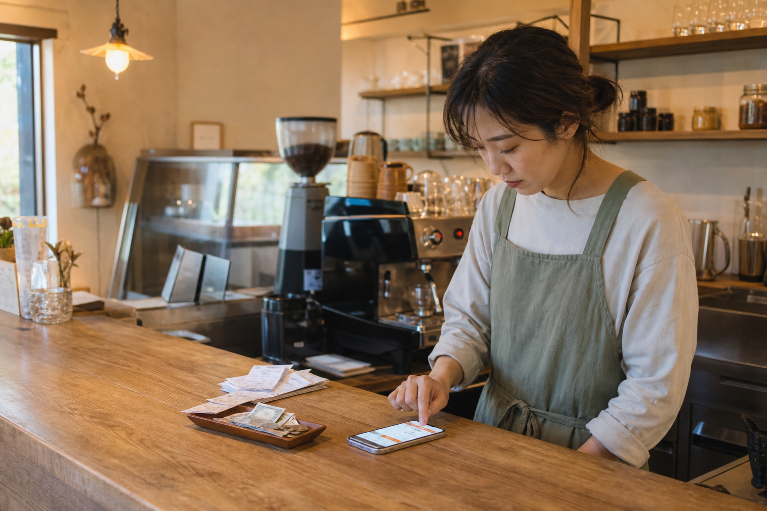 閉店作業中、スマートフォンに売上を入力するカフェオーナー