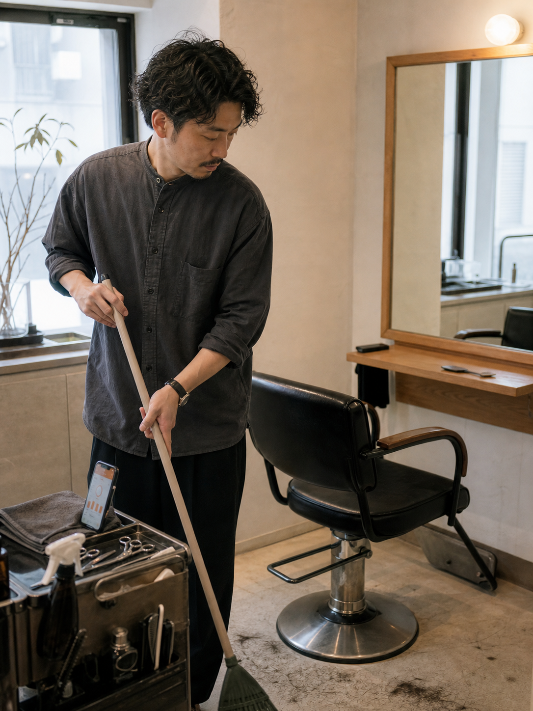 次の予約前に美容室の鏡まわりを整えるスタッフとワゴン上のスマートフォン